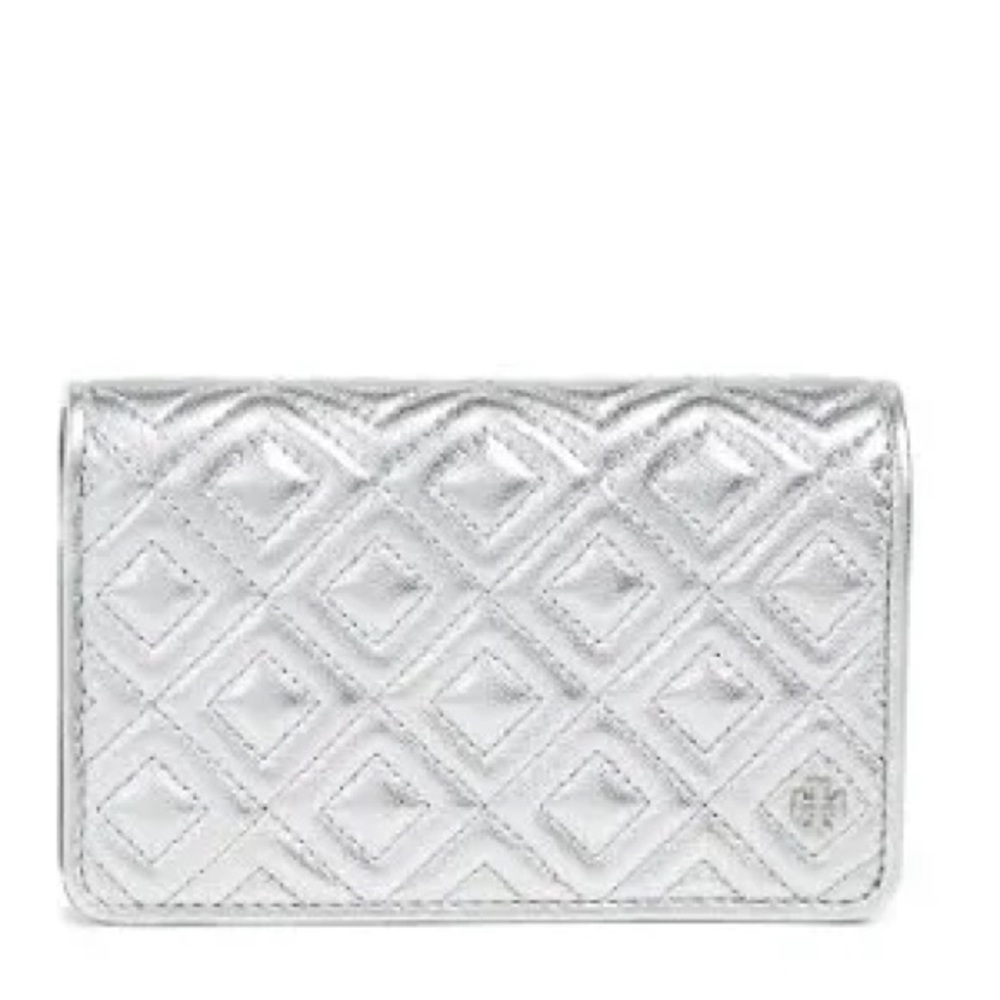 Tory Burch Fleming Medium Metallic Slim Wallet Silver Quilted Leather Wallet - Picture 8 of 17